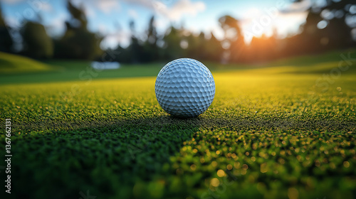 Close-Up of Golf Equipment on Grass in a Scenic Golf Course, golf clubs, golf ball, golf course, green grass, morning sunshine, golf equipment, outdoor sports, professional golf, golf game, sports gea