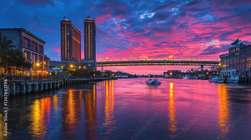 Fototapeta premium Savannah Riverfront Sunset: Vibrant Colors and Cityscape