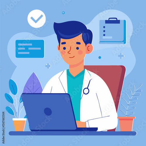 Doctor using laptop flat vector