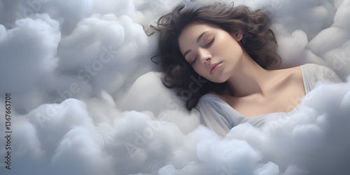 A woman sleeping on clouds, in white and grey colors, high-resolution photography. - bokeh background