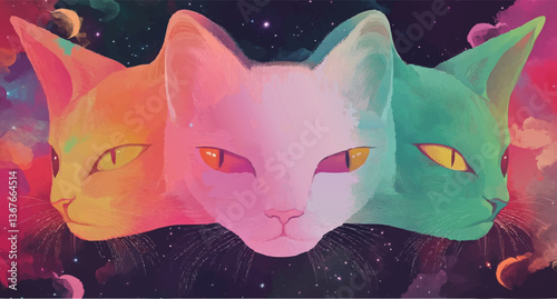 Rainbow cosmic, cats, retro, vector illustration, space, sky, stars, clouds, trippy, psychedelic, drawing, design, set, funny, weird cat portraits, poster, web, flyer, disco, dance, music dj, vintage 