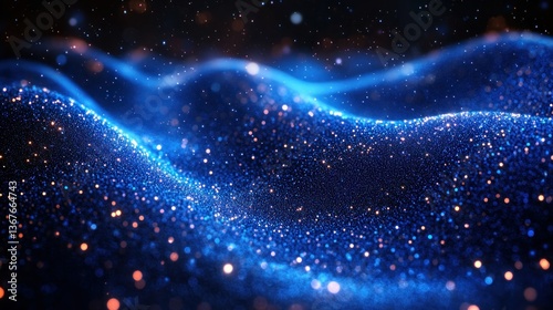 Blue wavy field of sparkles, with depth and dimension, softly glittering