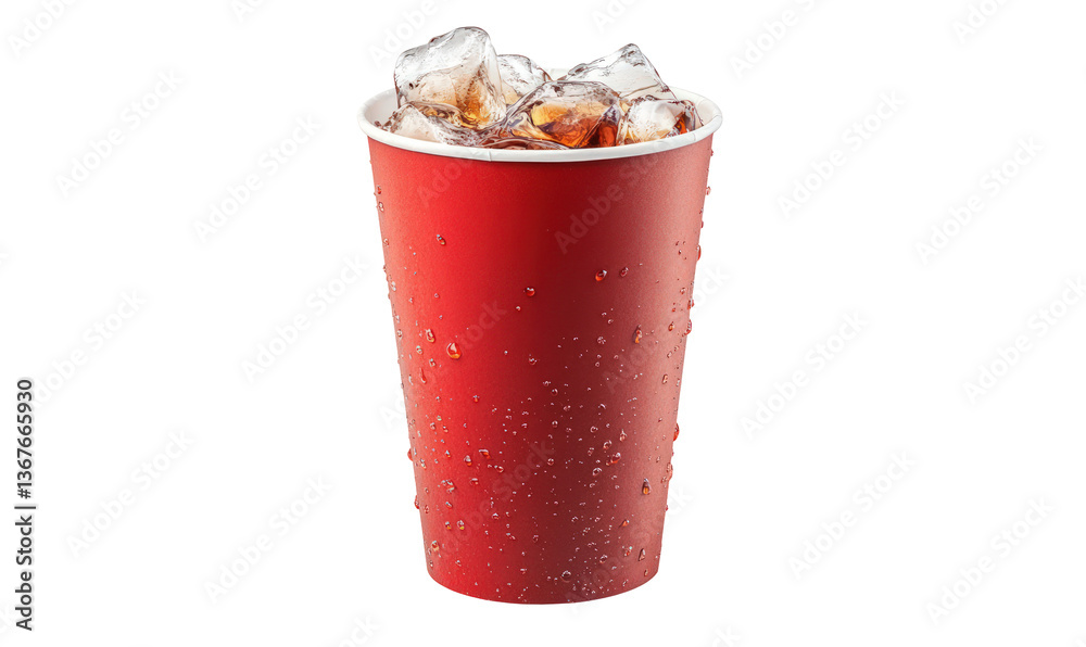 Red cup filled with ice drink, transparent background, cold refreshment poster use Red cup filled with ice drink, transparent background, cold refreshment poster use