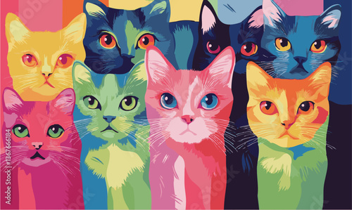 Rainbow cosmic, cats, retro, vector illustration, space, sky, stars, clouds, trippy, psychedelic, drawing, design, set, funny, weird cat portraits, poster, web, flyer, disco, dance, music dj, vintage 