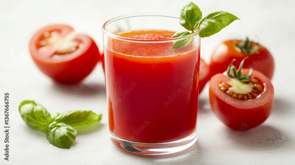 Fresh tomato juice garnished with basil leaves alongside ripe tomatoes on a light surface Fresh tomato juice garnished with basil leaves alongside ripe tomatoes on a light surface
