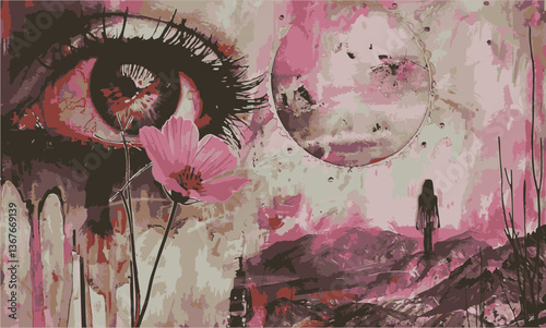 Eye, Grunge art, background, collage, pink and black, sepia, photo, painted, abstract, experimental, glitch, artistic, backdrop, creative, artwork, set with elements, flower, weird, creepy, horror