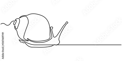 one line drawing of isolated vector object - snail, Continuous one line drawing common garden snail crawling. Snail animal mascot for food logo identity. High nutritious escargot healthy food concept.