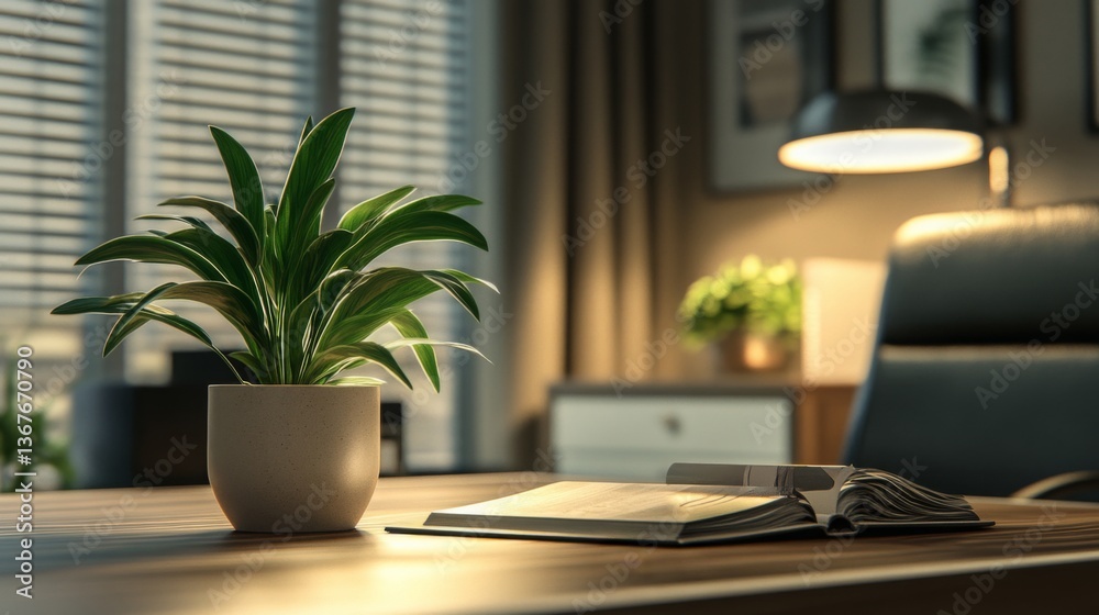 Fototapeta premium Cozy workspace with green plant, open book, and warm lighting in a home office setting during the evening hours