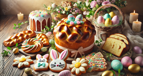 beautiful table setting for Easter, Easter cake, gingerbread and other treats, caramelized eggs, flowers