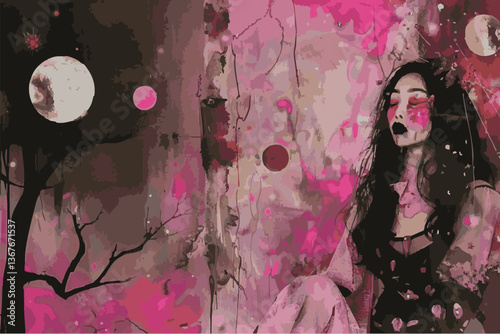 Witch, Grunge art, background, collage, pink and black, sepia, photo, painted, abstract, experimental, glitch, artistic, backdrop, creative, artwork, set with elements, flower, weird, creepy, horror