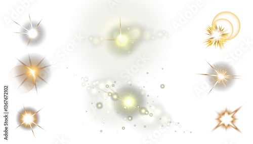 Stars in space. Isolated glints set. Sparkle glares.Vector shimmering elements. Set gold stars. set star, gold stars,Silver and Gold  Sparks Light effects. Glow effect of light. Add radiance to design