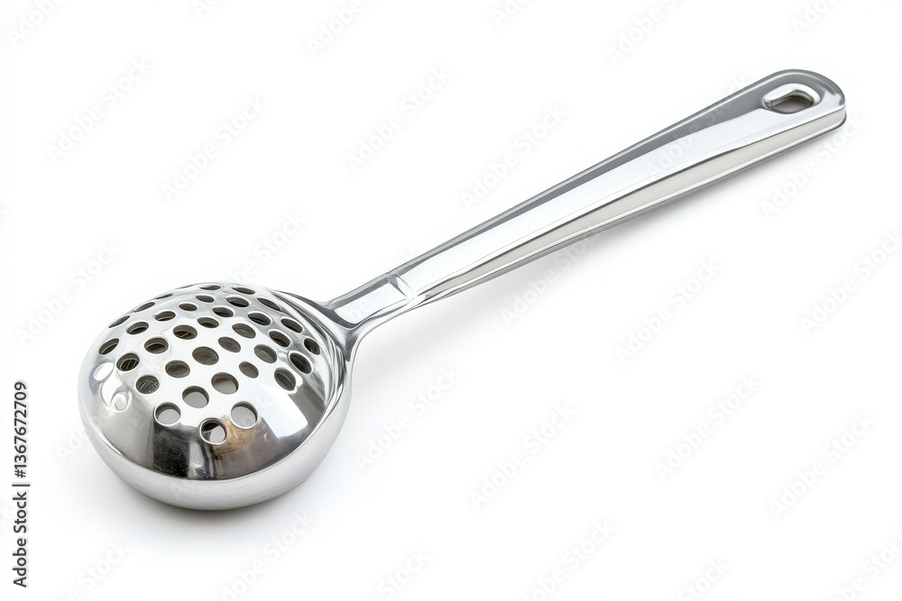A sleek stainless steel skimmer resting elegantly on a white background isolated on transparent background A sleek stainless steel skimmer resting elegantly on a white background isolated on transparent background