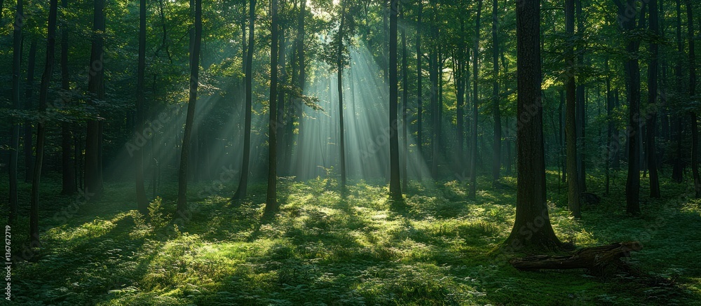 Naklejka premium Sunbeams in misty forest, green undergrowth, nature background, serene scene