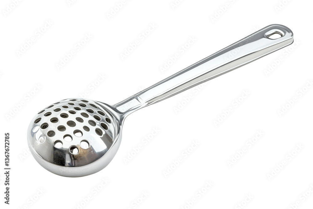 A sleek stainless steel skimmer resting elegantly on a white background isolated on transparent background A sleek stainless steel skimmer resting elegantly on a white background isolated on transparent background