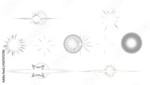 Set of vector icons Silver Sparks Light effects. Glowing effects light or sunlight reflection from lens. Stars in space. Isolated glints set. Floating glossy silver stars drifting through digital.