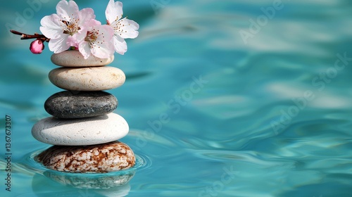 A peaceful sight of three rocks suspended atop a body of water accompanied by pi