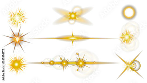 Light effect. Bright Star. Light explodes on a transparent background. Bright sun. Set Realistic flares. Glowing effects light or sunlight reflection. Stars in space. Isolated glints set. Sparkle star