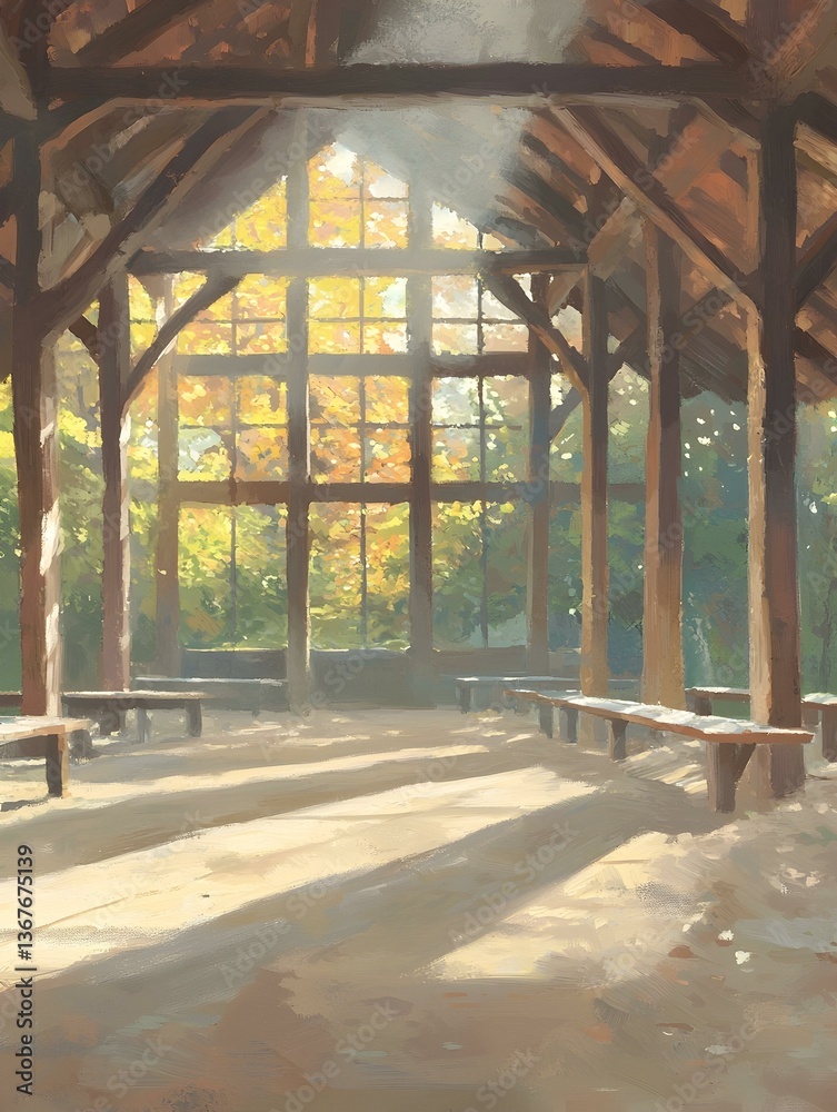 Obraz premium Serene autumnal light streams into a rustic wooden pavilion, illuminating benches. Peaceful, contemplative atmosphere.