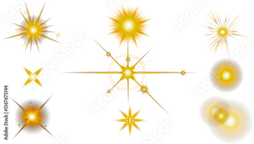 Flash, Realistic Glowing effects. Sun Stars in space. Yellow star flashed with sparkles sun isolated background. Isolated glints set. Sparkle glares. Vector shimmering elements.