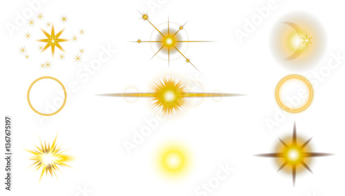 Flash. Realistic flares. Glowing effects Glowing effects. Photography camera light or sunlight reflection from lens. Stars in space. Isolated glints set. Sparkle glares. Vector shimmering elements