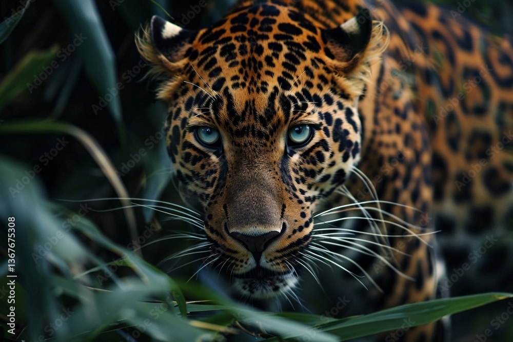 Beautiful leopard with blue eyes is staring through vegetation in a tropical forest Beautiful leopard with blue eyes is staring through vegetation in a tropical forest