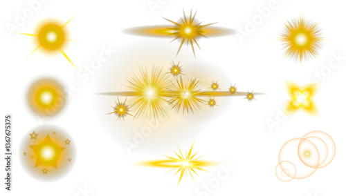 Set of sun icons. Stars in space. Isolated glints set. Sparkle glares. Vector shimmering elements. Light effect. Bright Star. Light explodes on a transparent background. Bright sun.