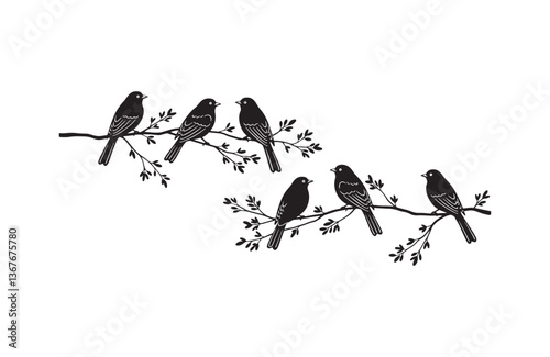 Elegant birds perched tree branch illustration