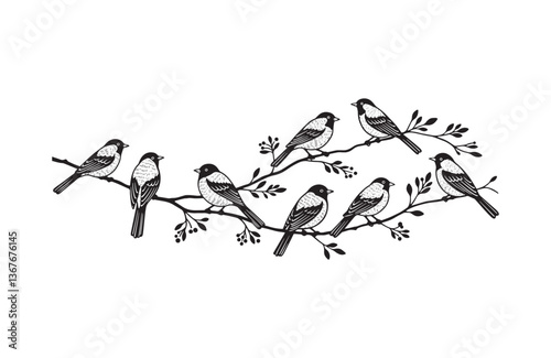 Vintage nature birds on branch silhouette hand-drawn in black on clean background