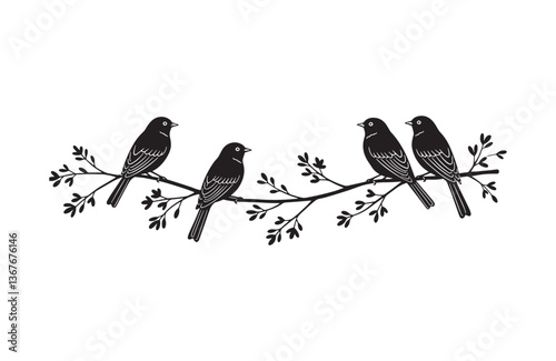 Nature-themed ink art birds on tree branch minimalistic line design