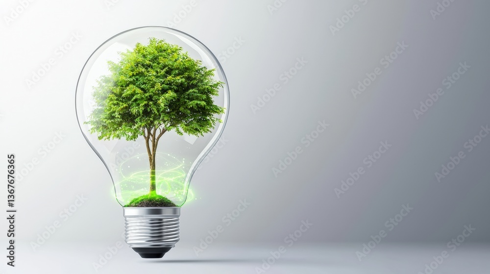 A light bulb contains a lush green tree, symbolizing eco-friendliness and sustainable energy in a creative and innovative design, Green Technology. A light bulb contains a lush green tree, symbolizing eco-friendliness and sustainable energy in a creative and innovative design, Green Technology.