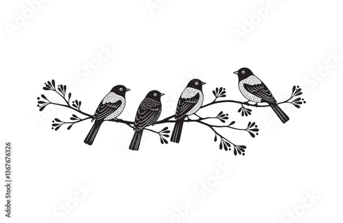 Black silhouettes of birds on branches isolated on white for decor and branding