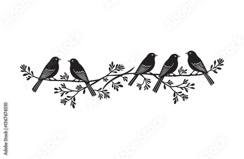 Bird group on stylized branch silhouette art for packaging or wall art