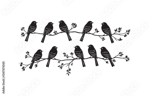 Nature birds drawn in ink perched in groups on detailed tree limbs