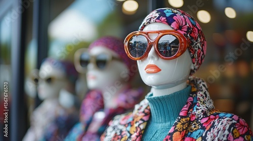 Mannequins dressed in colorful, patterned fabrics and oversized sunglasses exhibit the latest trends in a trendy fashion boutique under soft lighting, creating a captivating allure