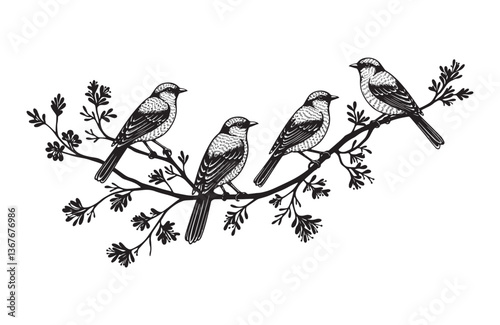 Minimalist bird scene perched birds on one single curved branch