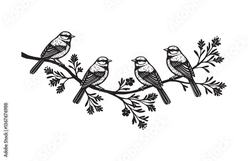 Clean black bird illustrations on branch isolated vector perfect for DIY