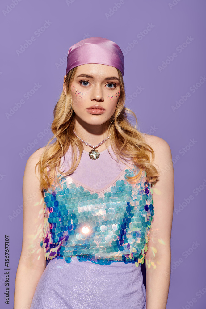 Young pretty woman showcases spring fashion in vibrant attire against a pastel backdrop Young pretty woman showcases spring fashion in vibrant attire against a pastel backdrop