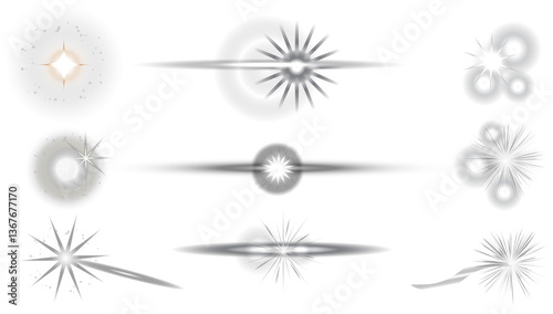 Silver snowflake. Stars in space.Realistic silver vector snow Flash. Glowing effects. Glowing effects light or sunlight reflection from lens. Isolated glints set shimmeriset of vector elements.