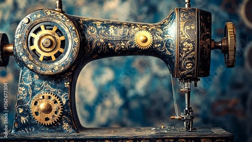 Close-up of an antique sewing machine with intricate gold details, perfect for crafts