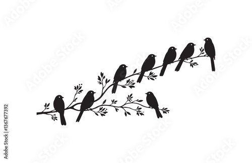 Delicate tree with birds monochrome hand sketch isolated design