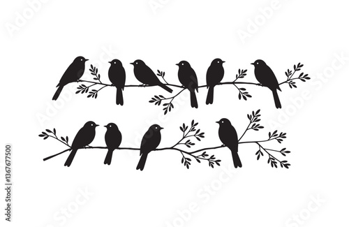 Inky perched bird line drawings elegant nature-themed vector set