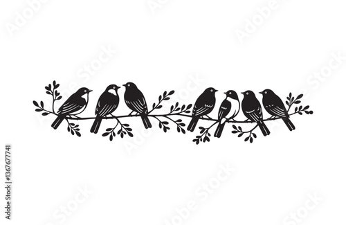 Hand-drawn bird silhouettes sitting on branch ink sketch style illustration on white background