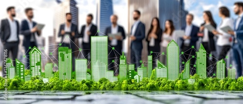 Professional team of business leaders and real estate experts reviewing property growth data using interactive 3D maps and augmented reality technology during an investment strategy meeting