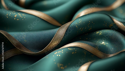 Elegant Teal Fabric Draped with Flowing Curves and Gold Accents