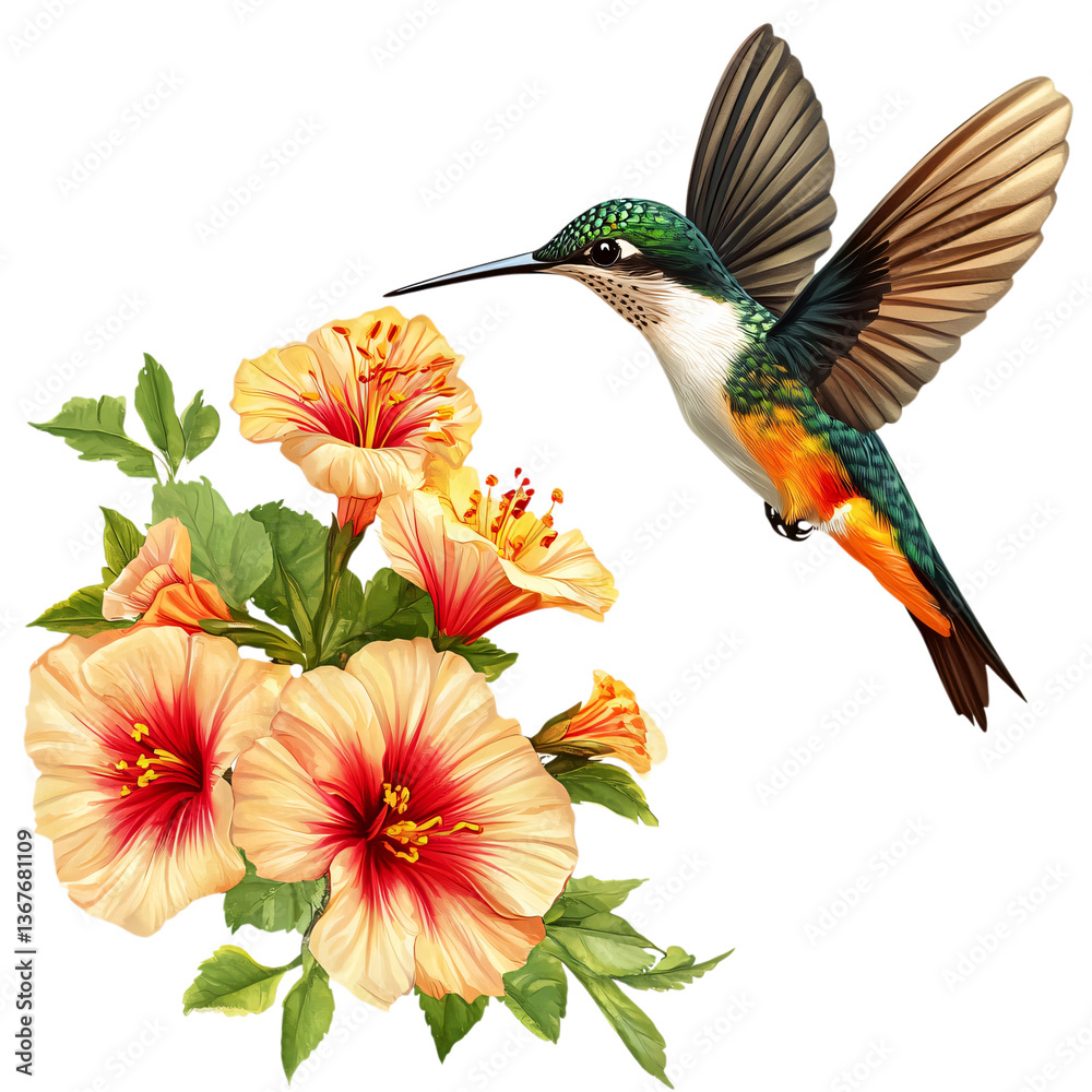 Fototapeta premium Hummingbird Flying Near Flowers Isolated on Transparent Background PNG
