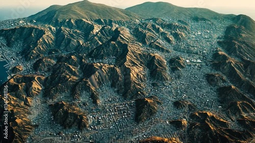 Spectacular aerial view capturing urban sprawl nestled among coastal mountain ranges