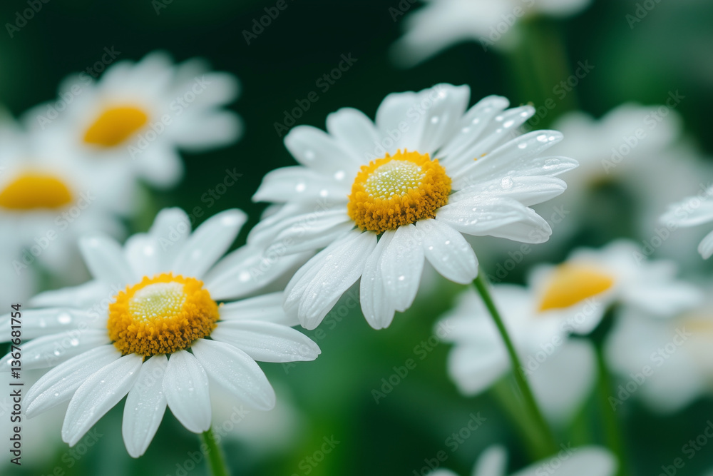 Fototapeta premium close up of a bunch of white flowers with yellow centers. The flowers are drooping and have a wet look to them. Scene is serene and peaceful, as the flowers are in a natural setting