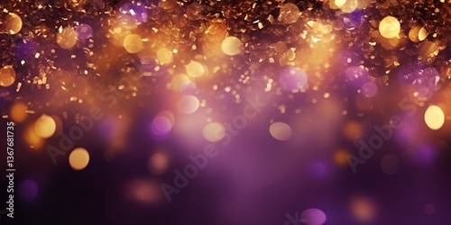 Abstract background with golden bokeh lights and glitter, a purple glow, and a banner design. Shiny, sparkling light effects on a dark brown background. Shiny gold and violet colors. bokeh background