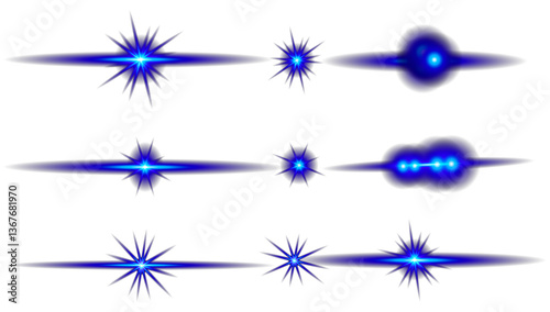Blue snowflake. Stars in space.Realistic Blue snow Flash. Glowing effects. Glowing effects light or sunlight reflection from lens.  Isolated glints set. Vector shimmering elements.
