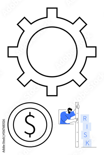 Gear symbolizing productivity, dollar coin for finances, person adjusting stacked risk blocks. Ideal for business, finance, productivity, analysis, decision-making, strategy investment flat simple